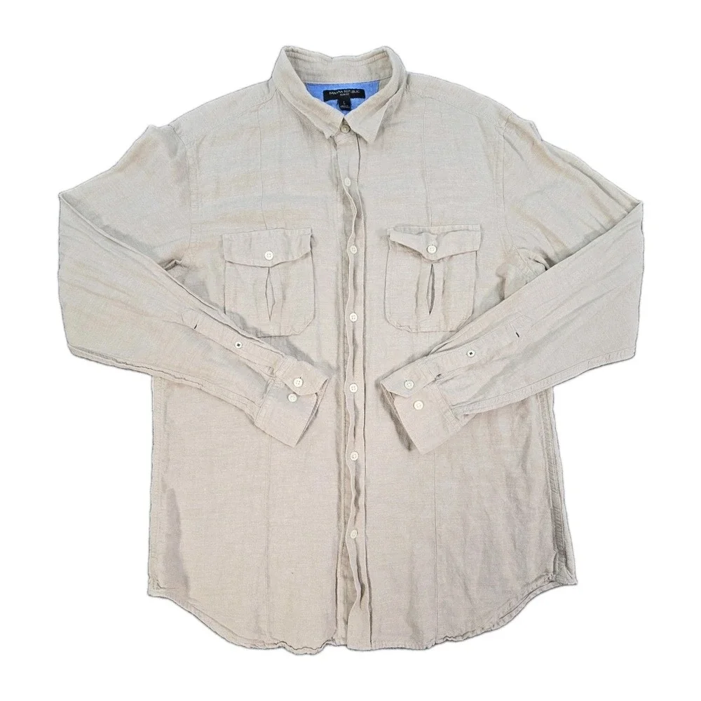 Banana Republic Mens L Linen Cotton Safari Shirt Tan Long Sleeve Pockets